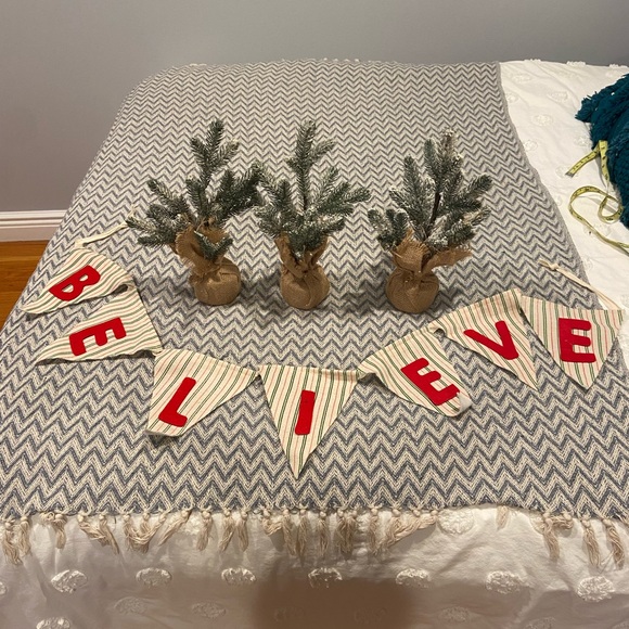 Other - Holiday Decor Bundle – 3 Mini Flocked Trees + “BELIEVE” Banner